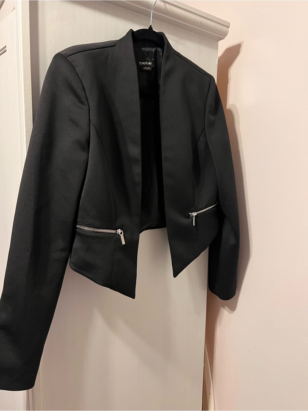 bebe Black Cropped Open-Front Blazer with Silver Zippers